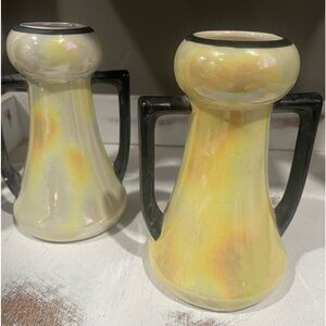 VTG 1940’s Pair of Czech Yellow Lustreware Vanity Brush Vases 5.5" w/Black / 188